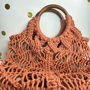 Boho brown woven cord bag with wood handles